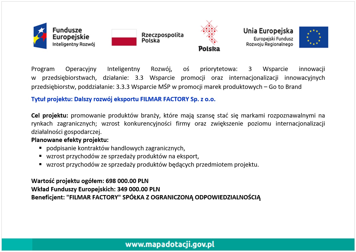 dofinansowanie dla Filmar Factory Sp. z o.o.